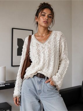 90s Express Tricot White Tan Open Knit Hand knitted Pullover Sweater Large